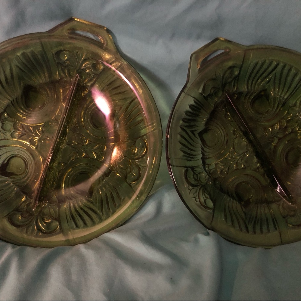 Lot Of 2 Vintage Indiana Killarney Green Glass Divided Candy Relish Trays Dish